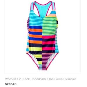 New Lands End V-Neck Racer Back One Piece Swimsuit- Chlorine Resistant UPF 50